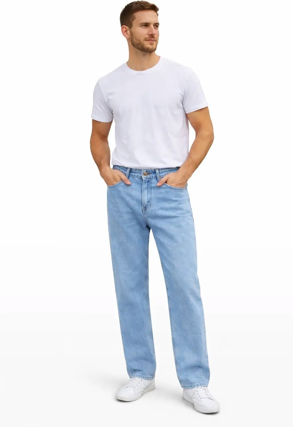 Light Blue - Mens High Waist Wide Leg Jeans (Straight Fit Denim)