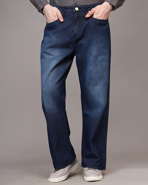 Dark Blue - Mens High Waist Wide Leg Jeans (Straight Fit Denim) Secondary image