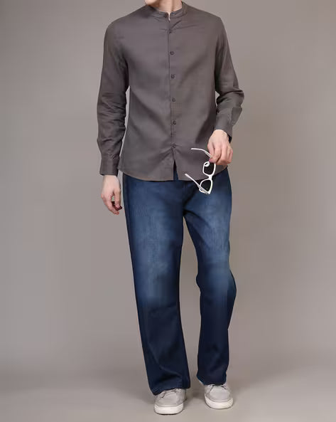 Dark Blue - Mens High Waist Wide Leg Jeans (Straight Fit Denim)