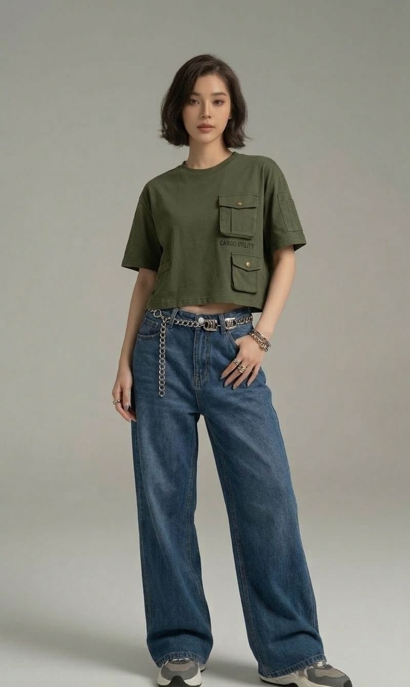 Dark Blue Chained - High Waist Wide Leg Jeans (Straight Fit Denim) Main image