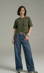 Dark Blue Chained - High Waist Wide Leg Jeans (Straight Fit Denim)