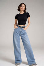 Light Blue - High Waist Wide Leg Jeans (Straight Fit Denim)