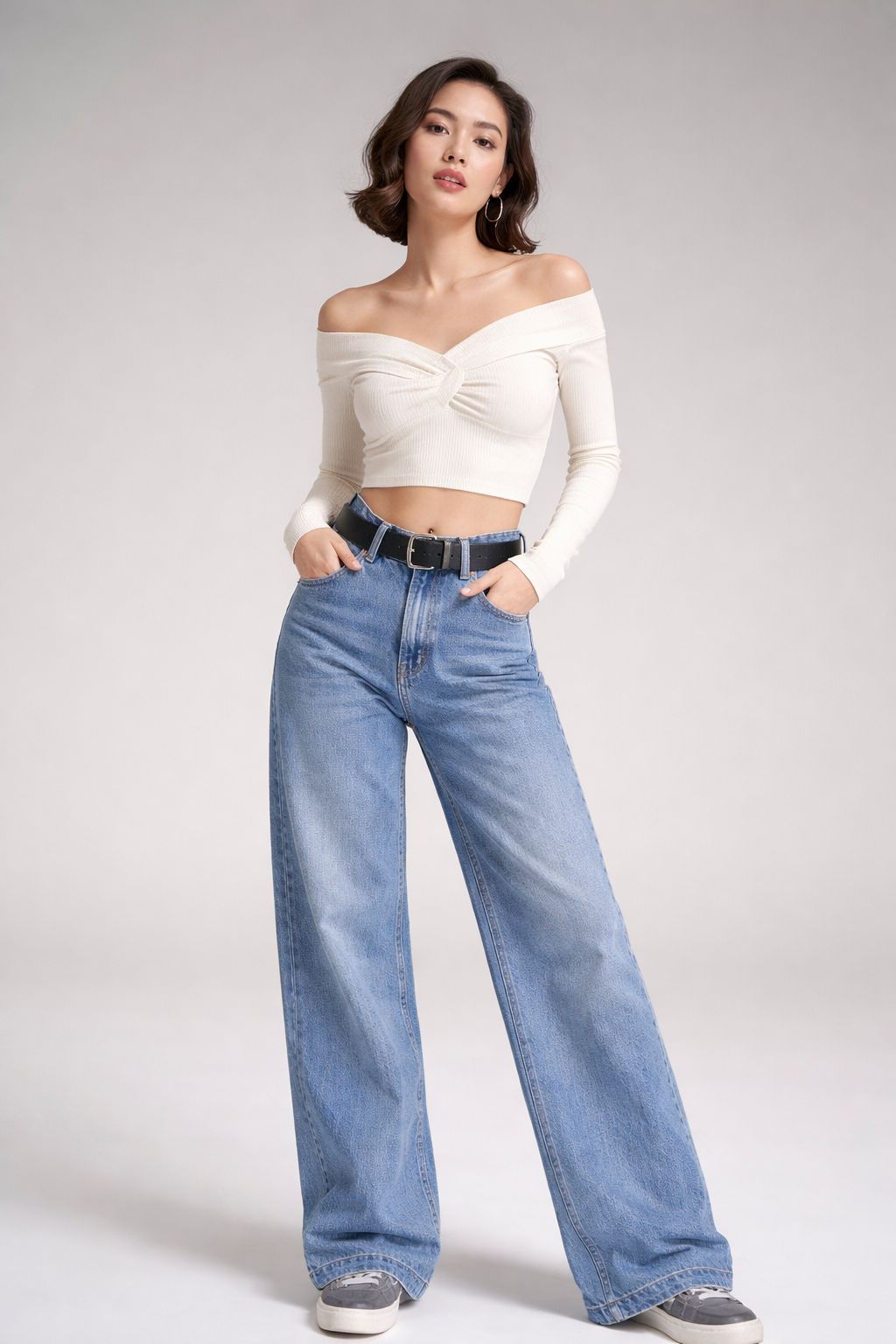 Mid Blue - High Waist Wide Leg Jeans (Straight Fit Denim)