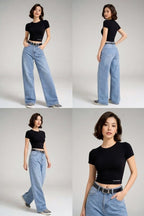 Light Blue - High Waist Wide Leg Jeans (Straight Fit Denim)