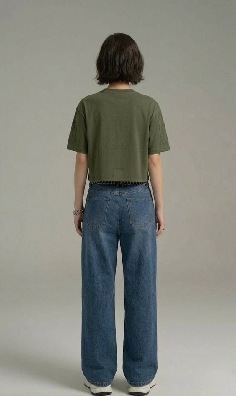 Dark Blue Chained - High Waist Wide Leg Jeans (Straight Fit Denim)