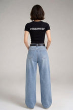 Light Blue - High Waist Wide Leg Jeans (Straight Fit Denim)