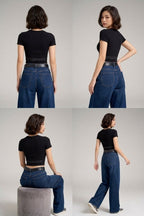 Dark Blue Chained - High Waist Wide Leg Jeans (Straight Fit Denim)