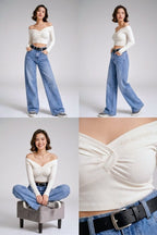 Mid Blue - High Waist Wide Leg Jeans (Straight Fit Denim)