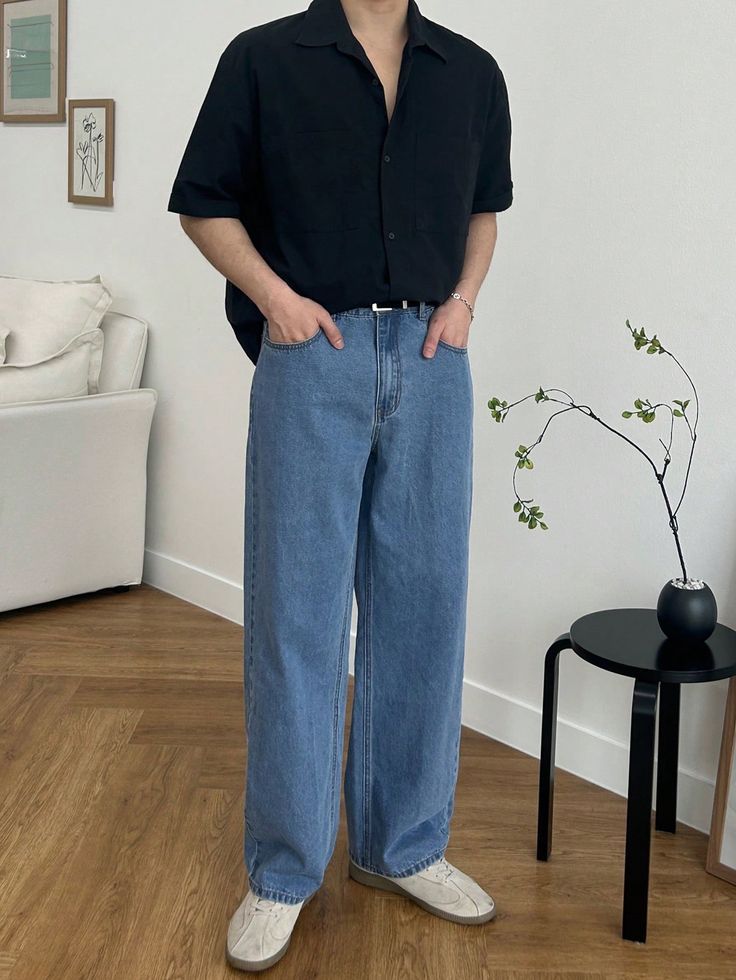 Mid Blue - Mens High Waist Wide Leg Jeans (Straight Fit Denim) Main image